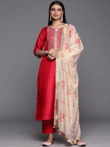 varanga pink embroidered kurta paired with tonal straight bottom and contrast dupatta